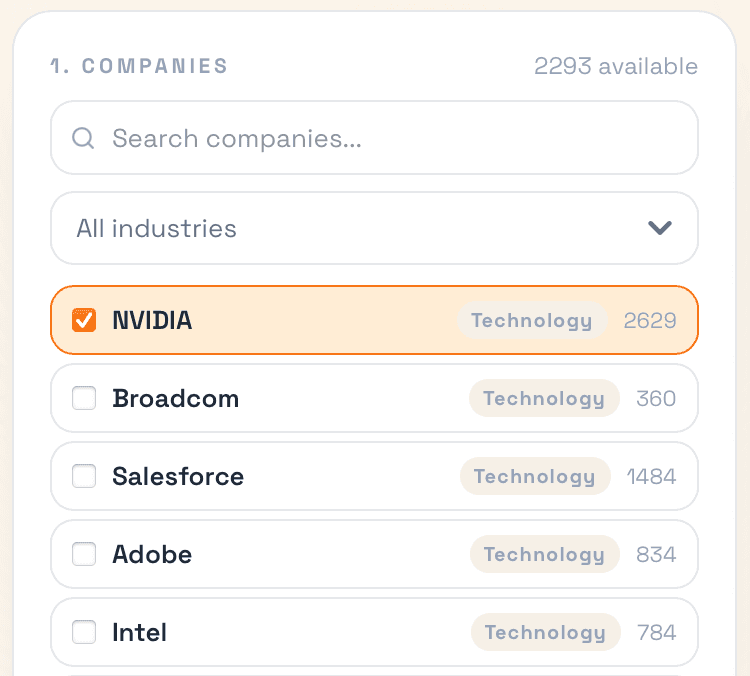 Step one of the FreshRoles setup: a searchable company list with an industry filter, showing NVIDIA selected alongside Broadcom, Salesforce, Adobe and Intel with their open role counts.