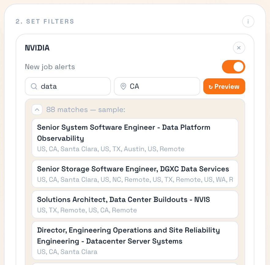 Step two: filters for NVIDIA set to the keyword "data" in CA, with a live preview listing 88 matching roles and their locations.